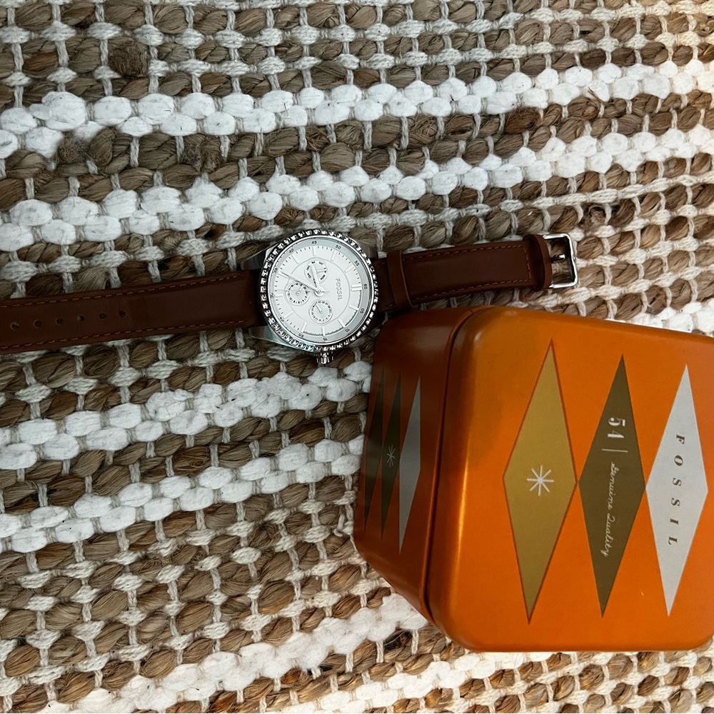 Fossil Silver Dial Watch with Brown Leather Strap